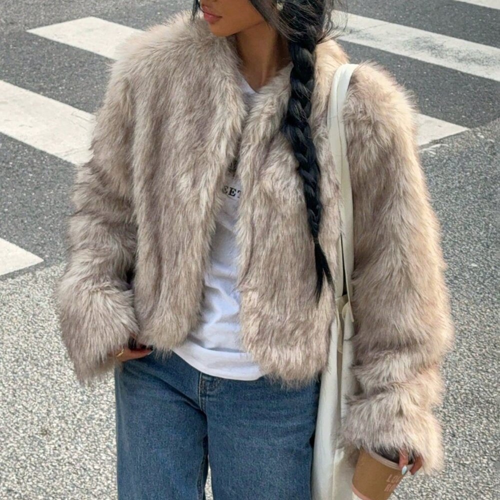 Khaki Casual Women's Long Sleeve Fluffy Jacket - Picture 4 of 7